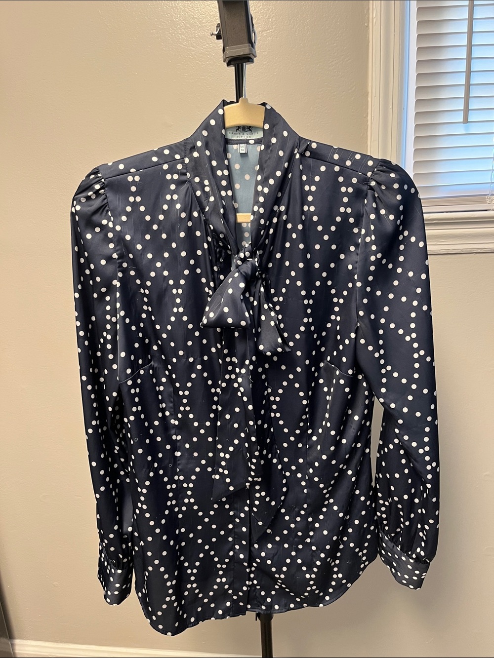 Hawes & Curtis Navy Polka Dot Tie-Neck Blouse - Women Tops